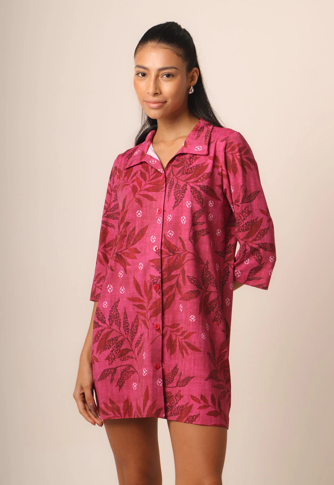 Camisão Fluxy Com Gola Manga 3/4 - Nature Print Pink