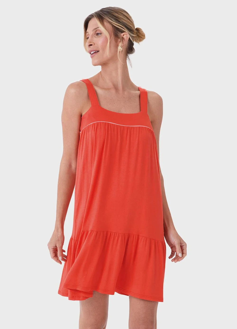 Malwee - Vestido Curto Evasê com Babado Laranja Escuro