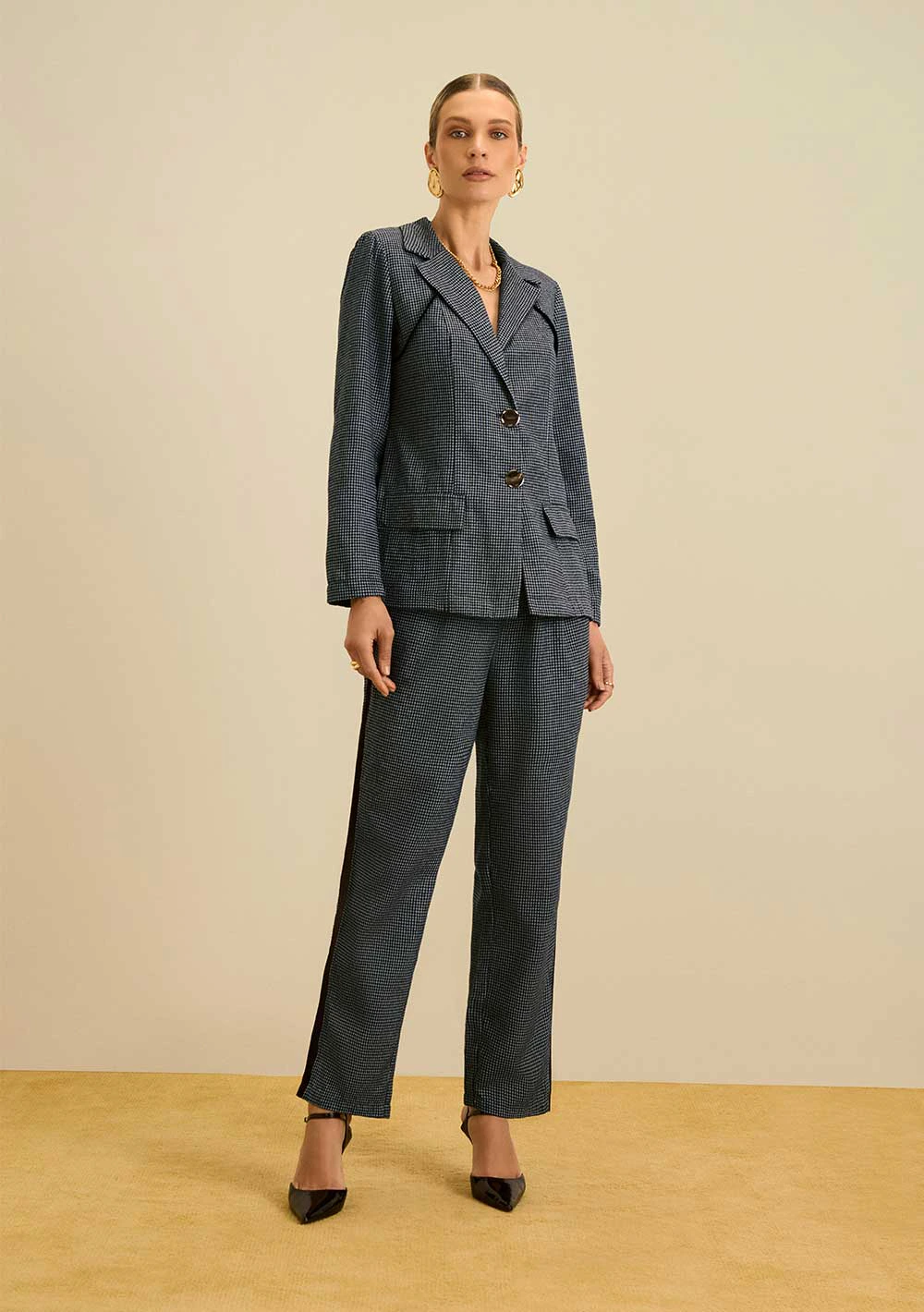 Blazer Maria.Valentina Solto Manga Longa Padrão Azul Escuro