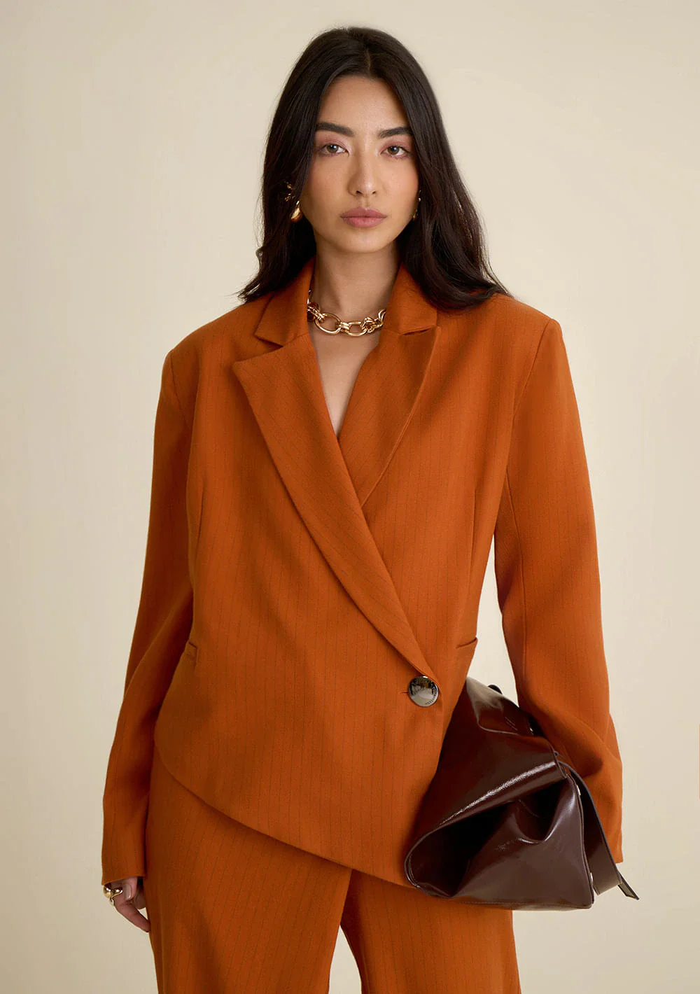 Blazer Morena Rosa Solto Manga Longa Padrão Laranja