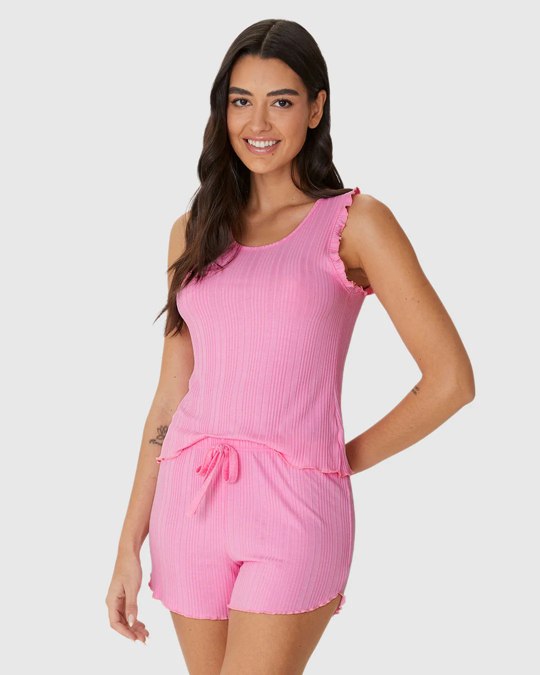 Pijama Curto Feminino Regata Detalhe Babado Em Malha De Viscose Canelada