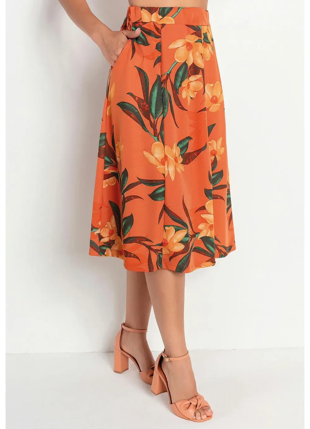 Rosalie - Saia Floral Ferrugem com Bolsos
