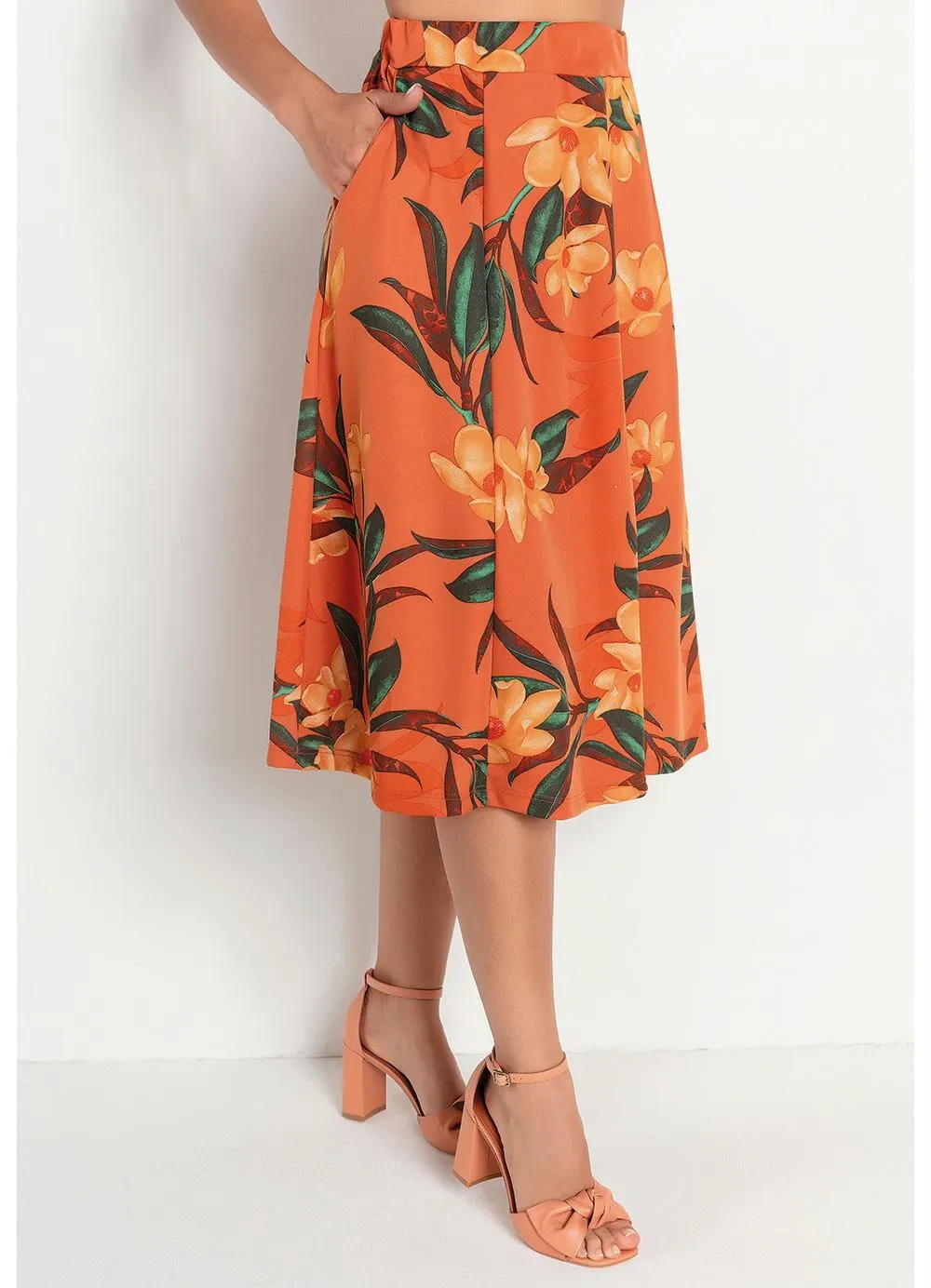 Rosalie - Saia Floral Ferrugem com Bolsos