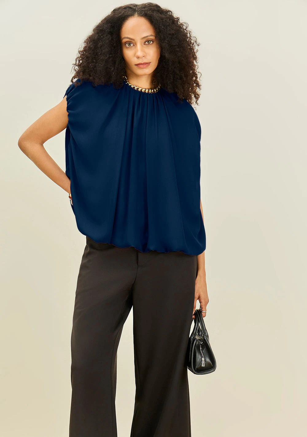 Blusa Maria.Valentina Solta Decote Careca Sem Manga Padrão Azul Escuro