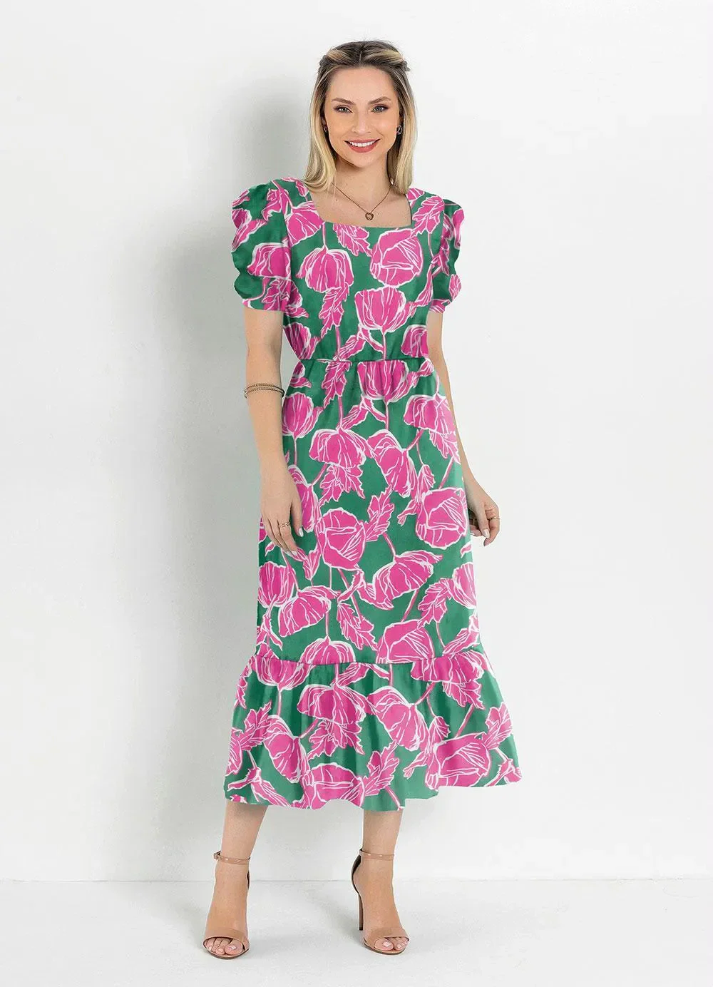 Rosalie - Vestido Floral Verde com Babado