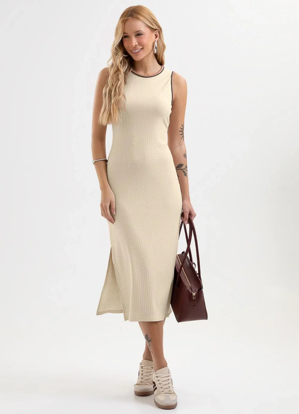 Cativa - Vestido Midi Canelado Bege