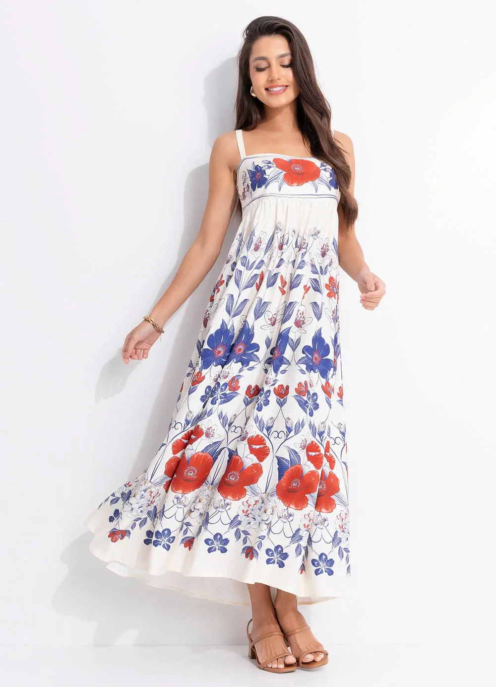 Farm - Vestido Longo Floral Lina Bege
