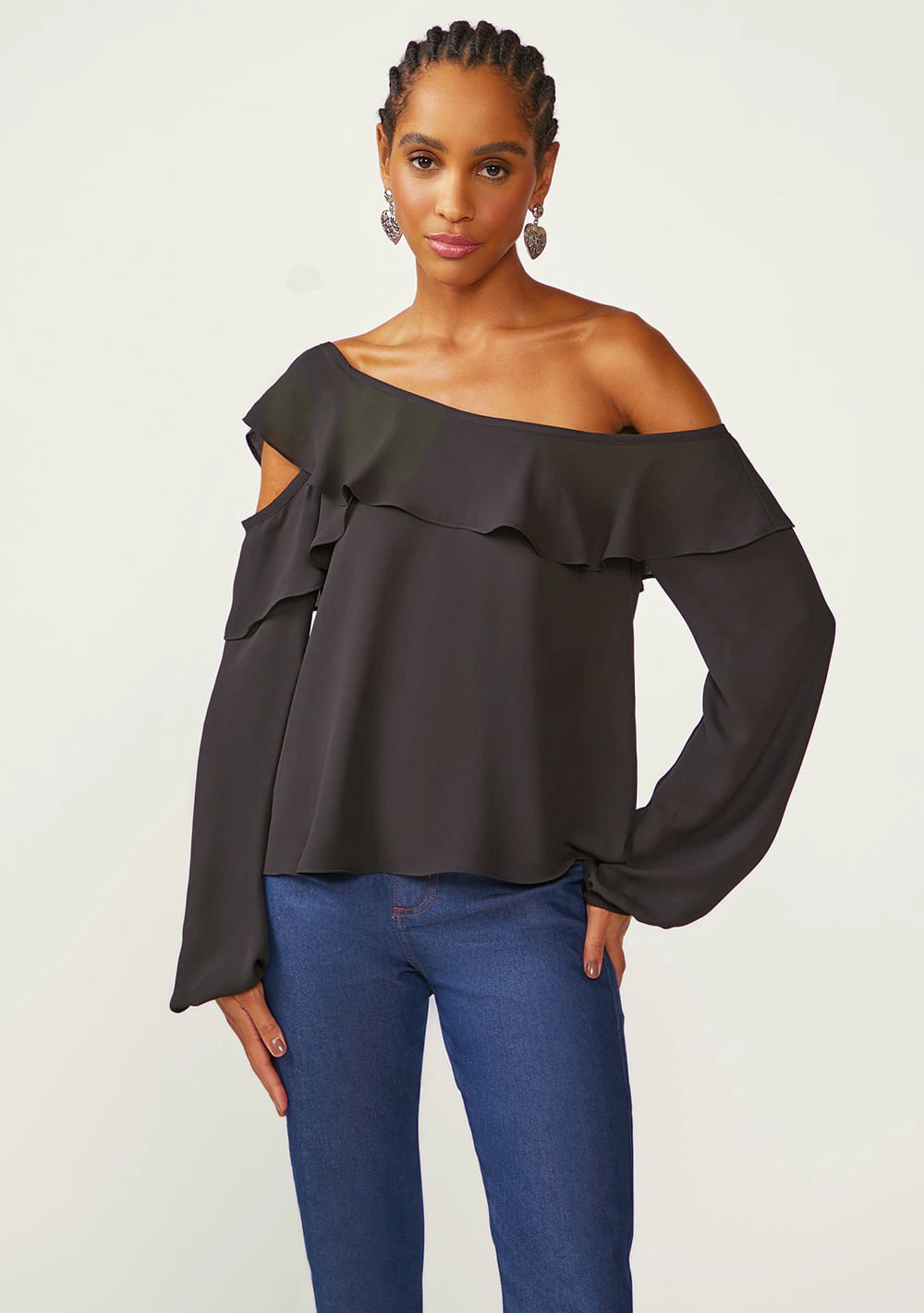 Blusa Zinco Solta Um Ombro Só Manga Longa Padrão Preto