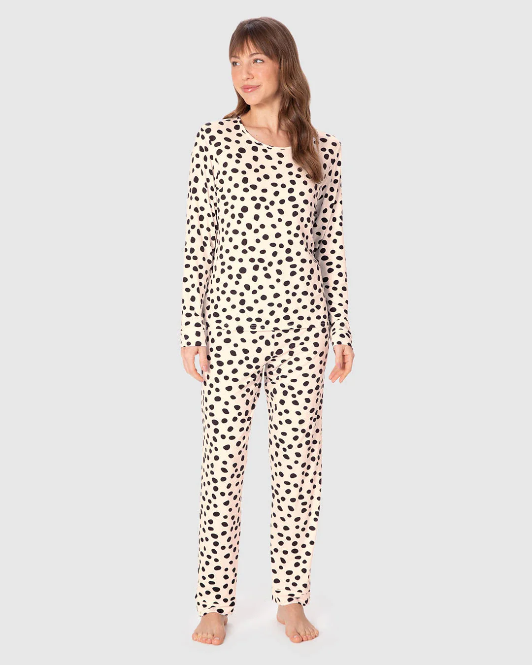 Pijama Longo Feminino Estampa Poá Calça Reta Em Viscose Stretch