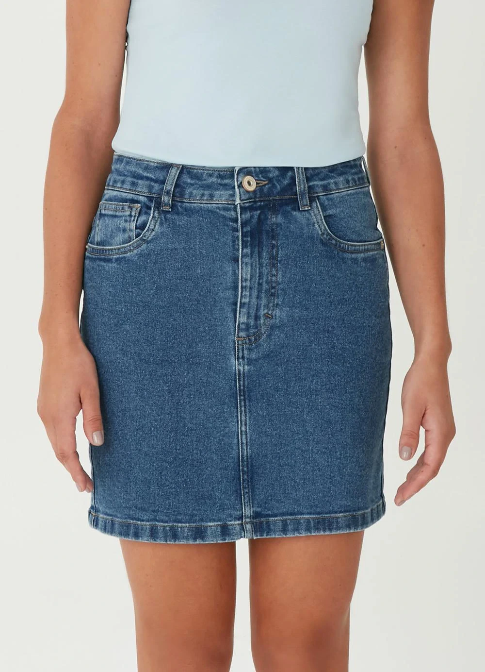 Malwee - Saia Curta Jeans Cintura Alta Azul