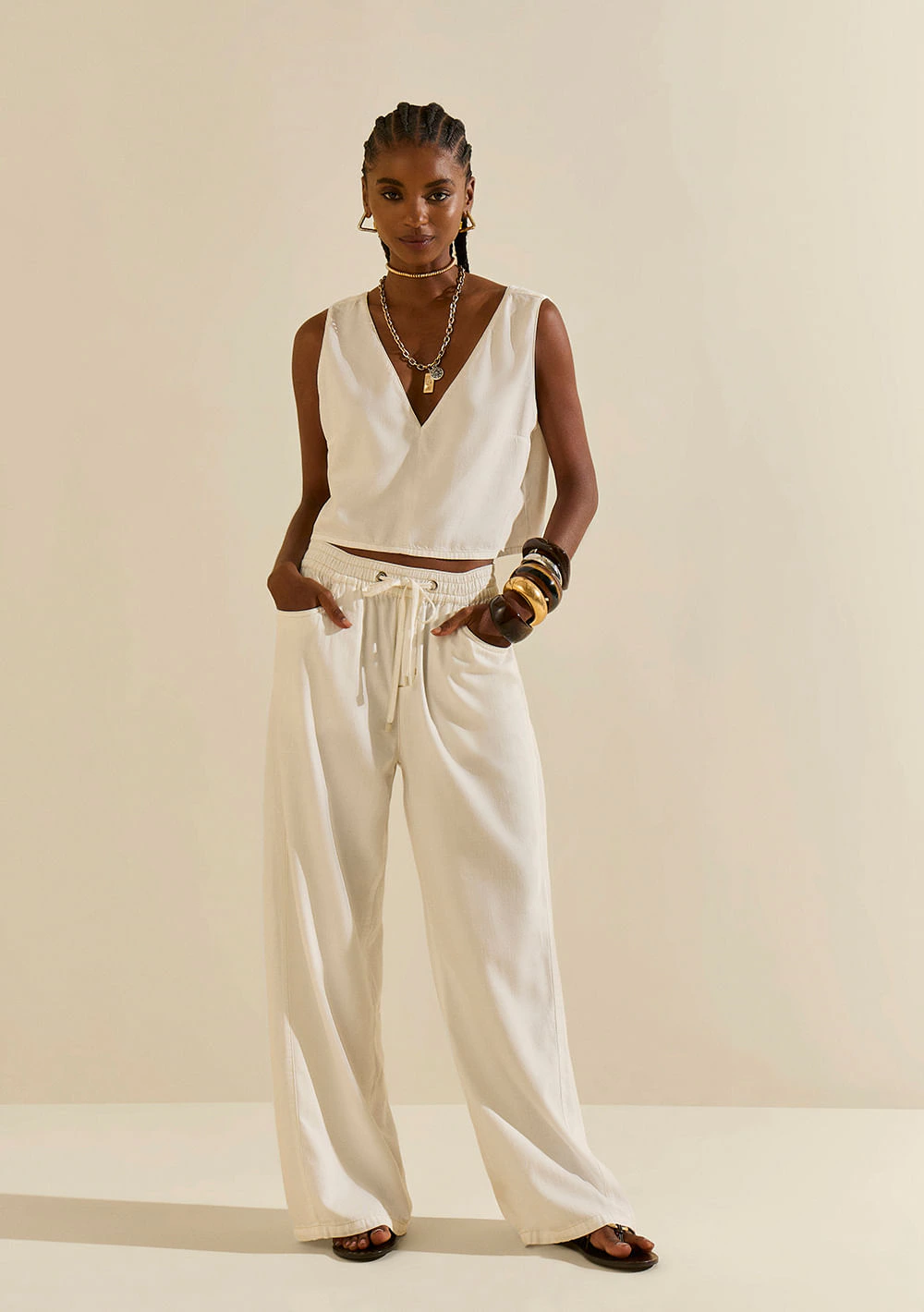 Calça Morena Rosa Pantalona Alta Off White