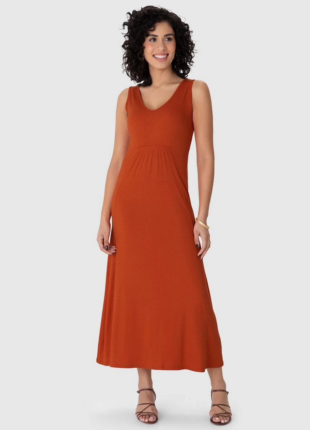 Malwee - Vestido Mídi Amplo Canelado Laranja
