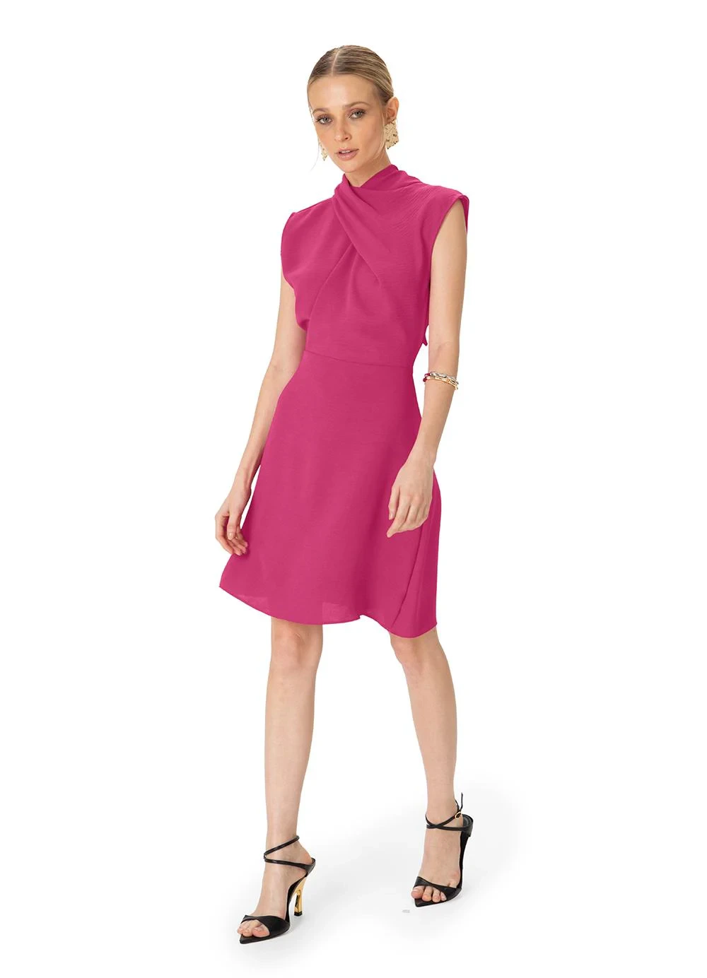 Enfim - Vestido Curto Evasê Texturizado Rosa