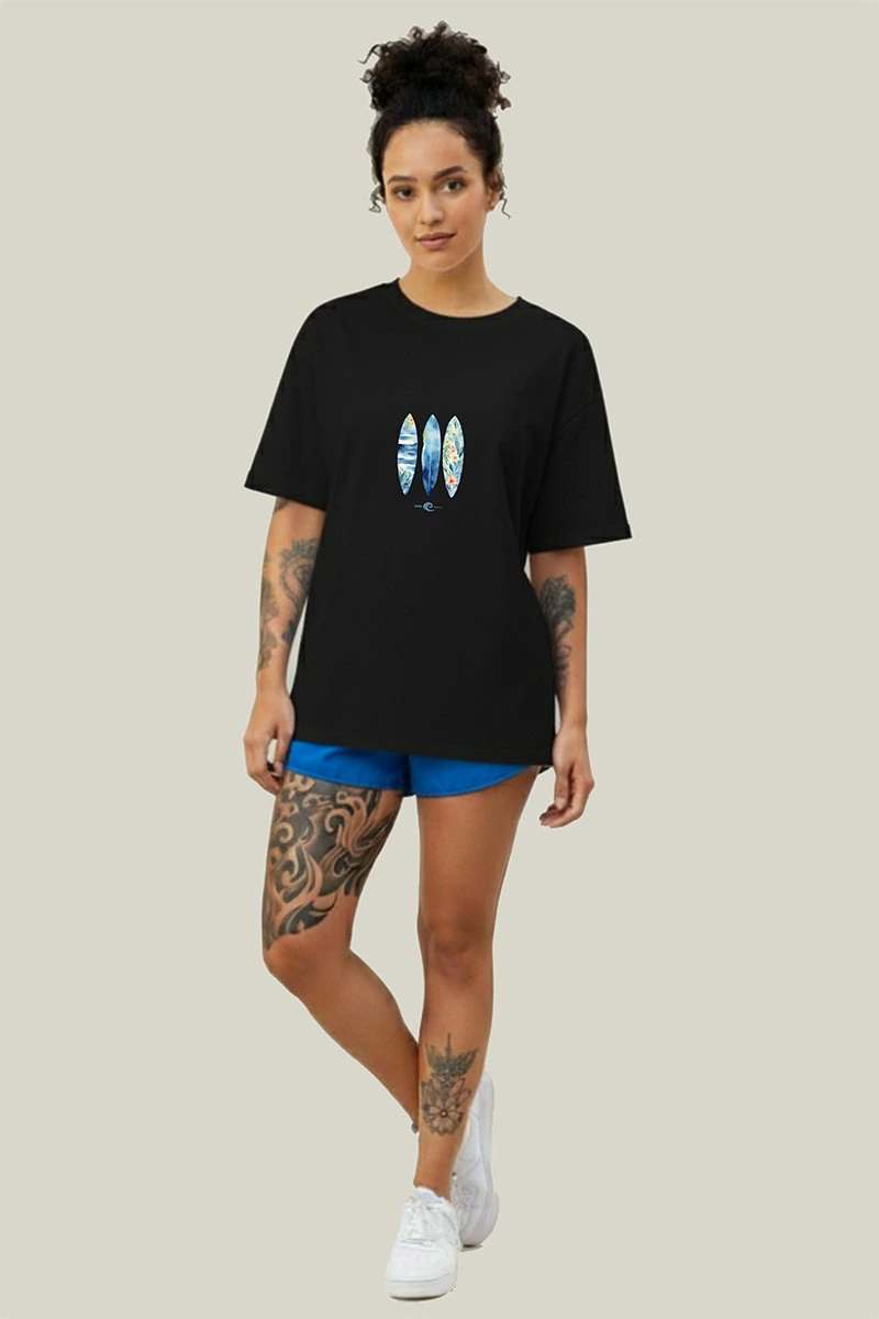Camiseta Oversized Feminina Preta Algodão Prime Floral Surf WSS