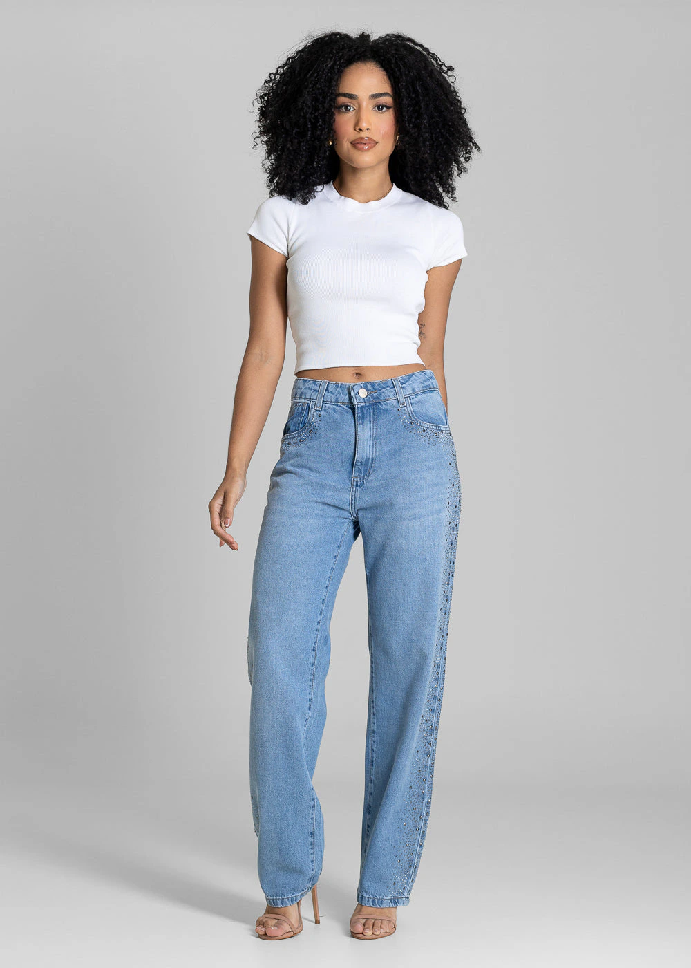 Calça Jeans Sawary Reta Brilho Tachas - 284011 AZUL