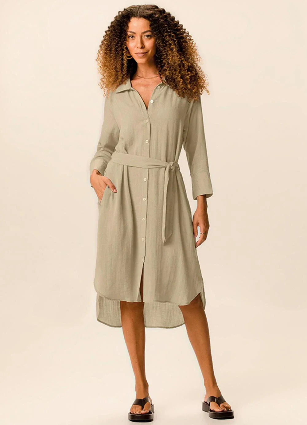 Malwee - Vestido Mídi Chemise Texturizado Areia