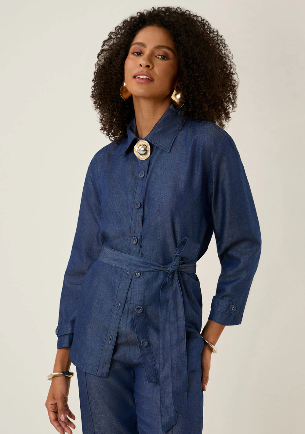 Camisa Maria.Valentina Solta Gola Clássica Manga Longa Padrão Azul