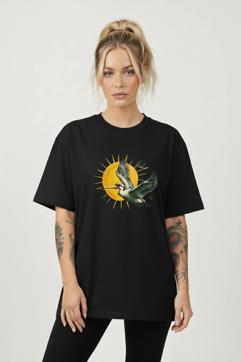 Camiseta Oversized Feminina Preta Algodão Prime Sunny Pelican WSS