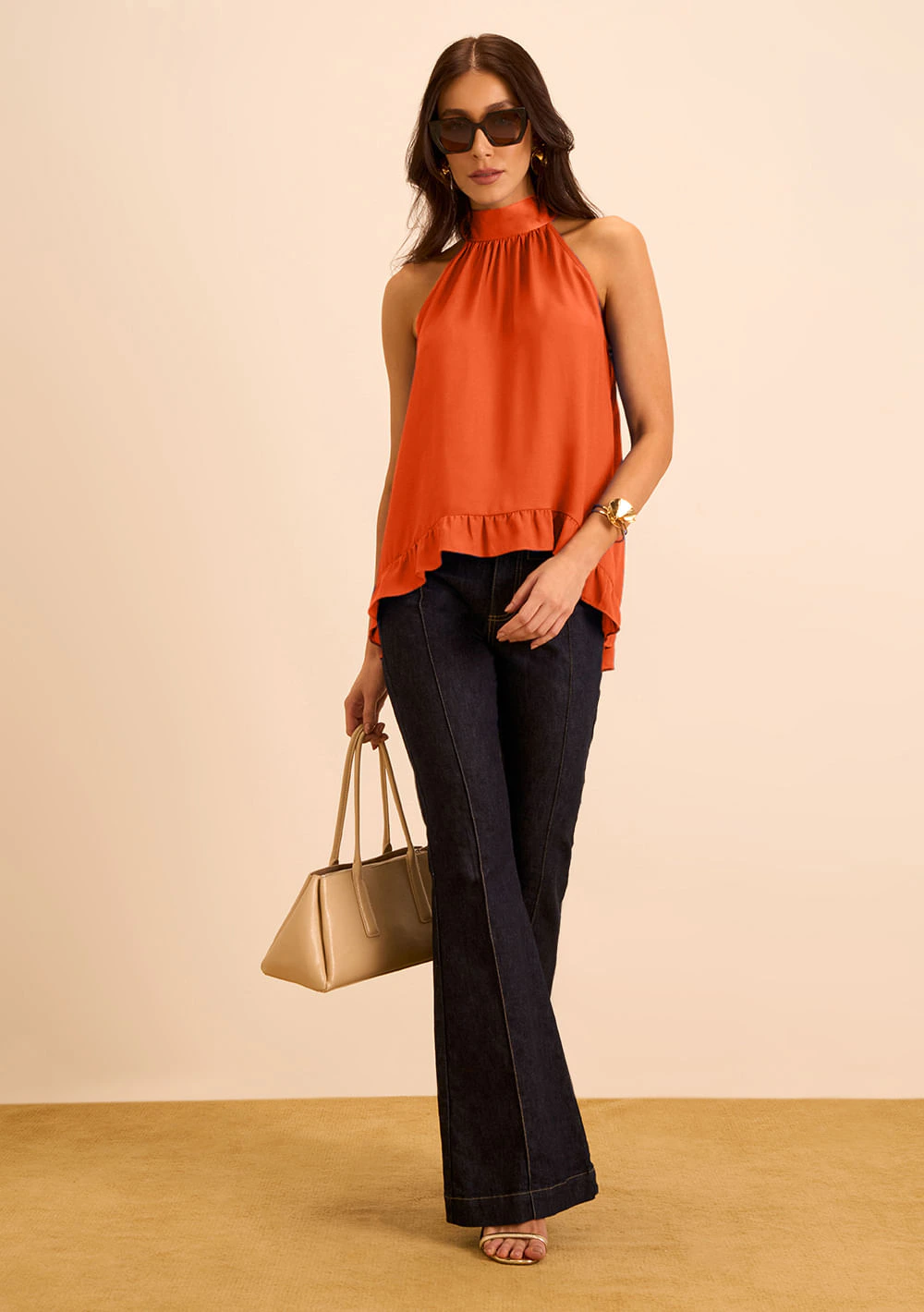 Blusa Maria.Valentina Solta Gola Alta Sem Manga Alongada Laranja