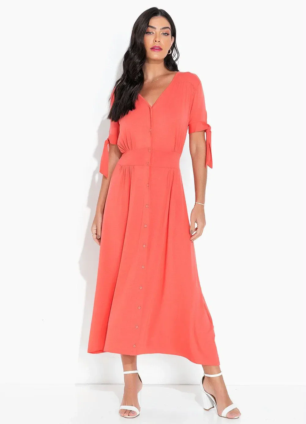 bonprix - Vestido Alongado com Botões Coral