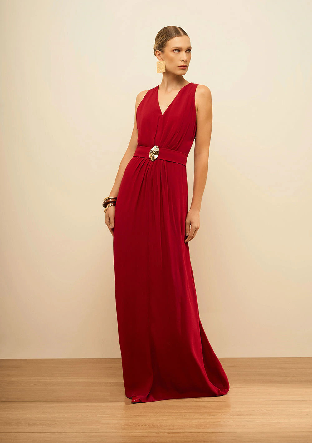 Vestido Maria.Valentina Solto Decote V Sem Manga Longo Vermelho