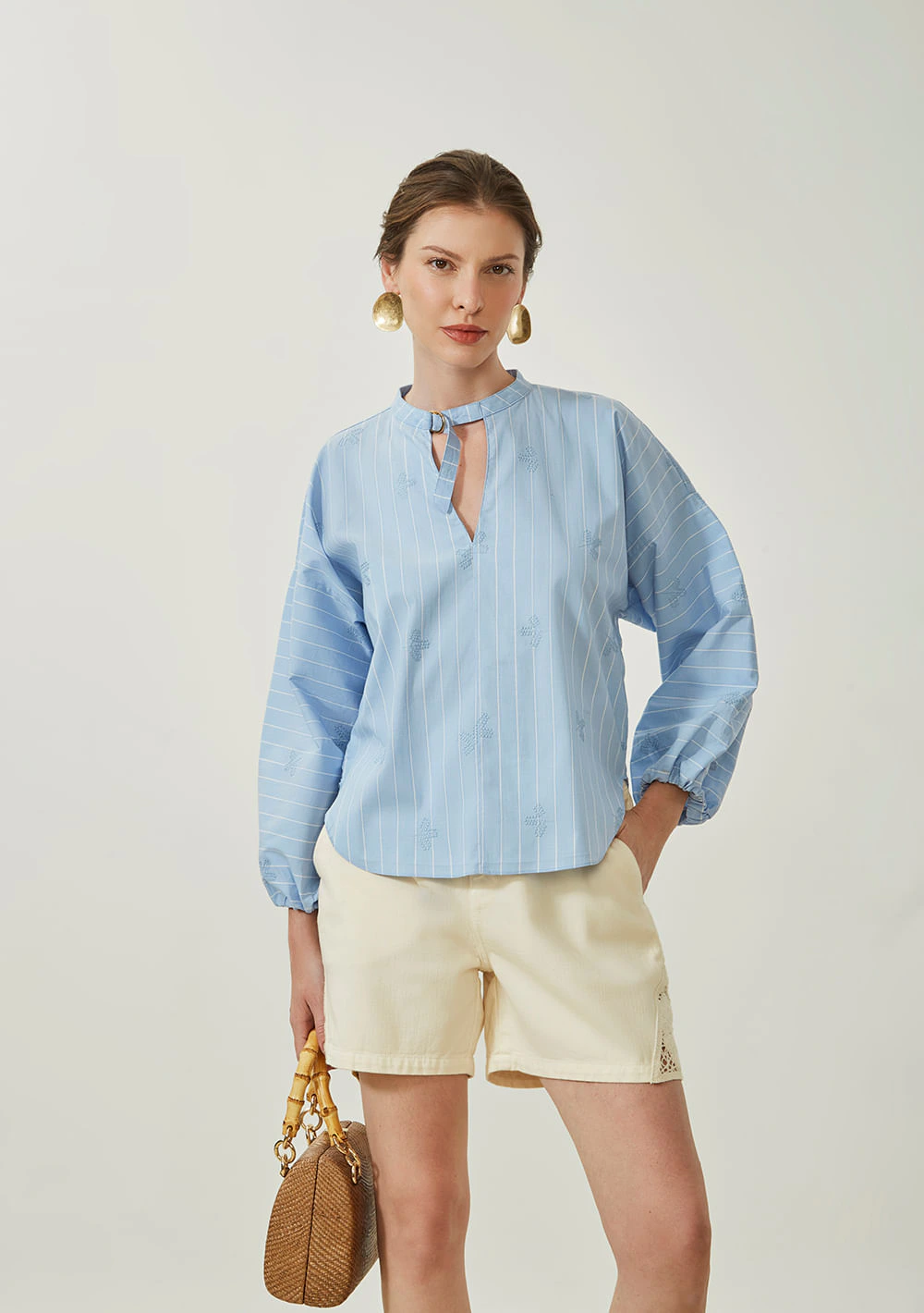 Blusa Maria.Valentina Solta Decote V Manga Longa Padrão Azul