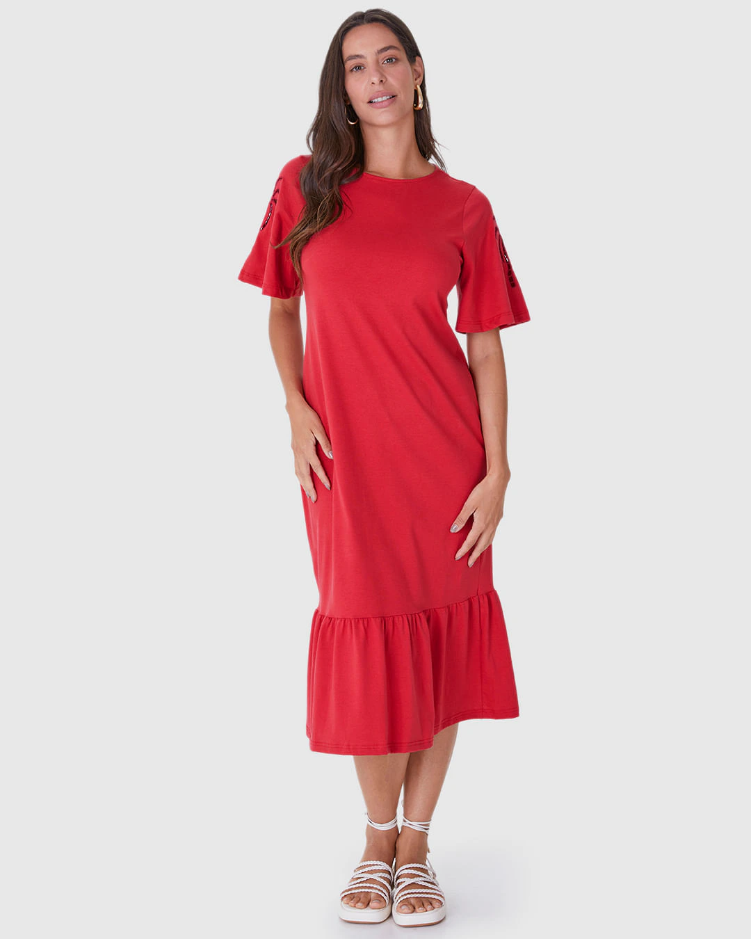 Vestido Midi Feminino Bordado Na Manga Em Malha Algodão Comfy