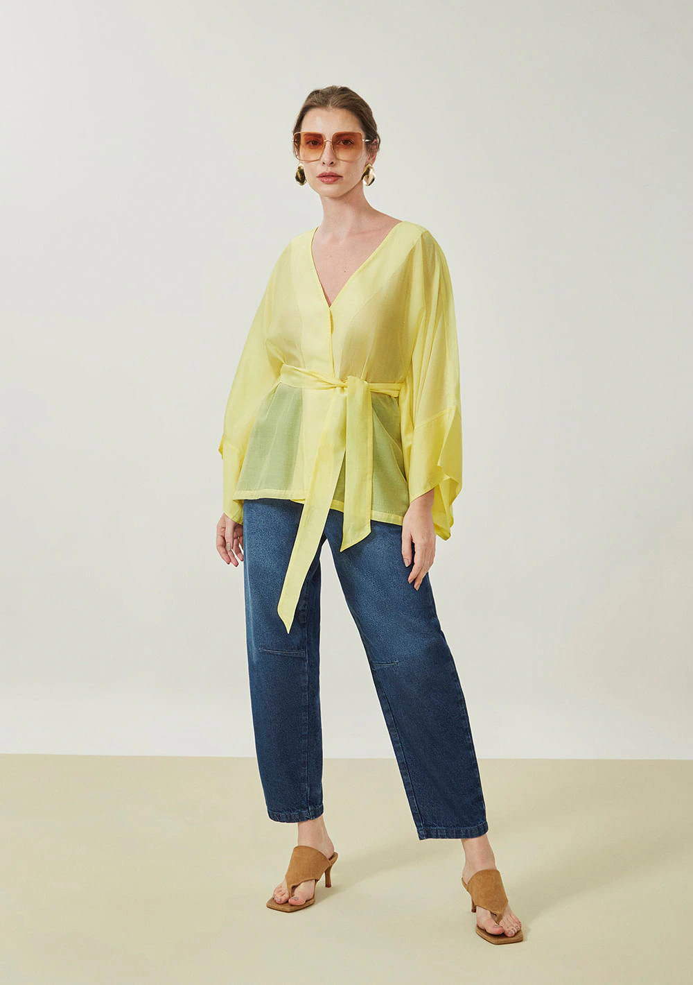 Blusa Maria.Valentina Solta Decote V Manga Longa Padrão Verde