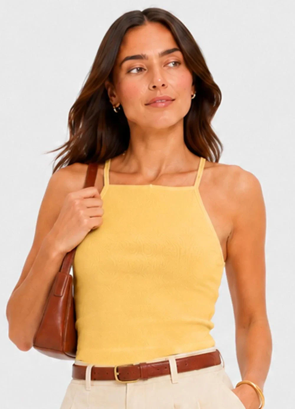 Infinita Cor - Blusa de Alça Feminina Tecido Henera Amarelo