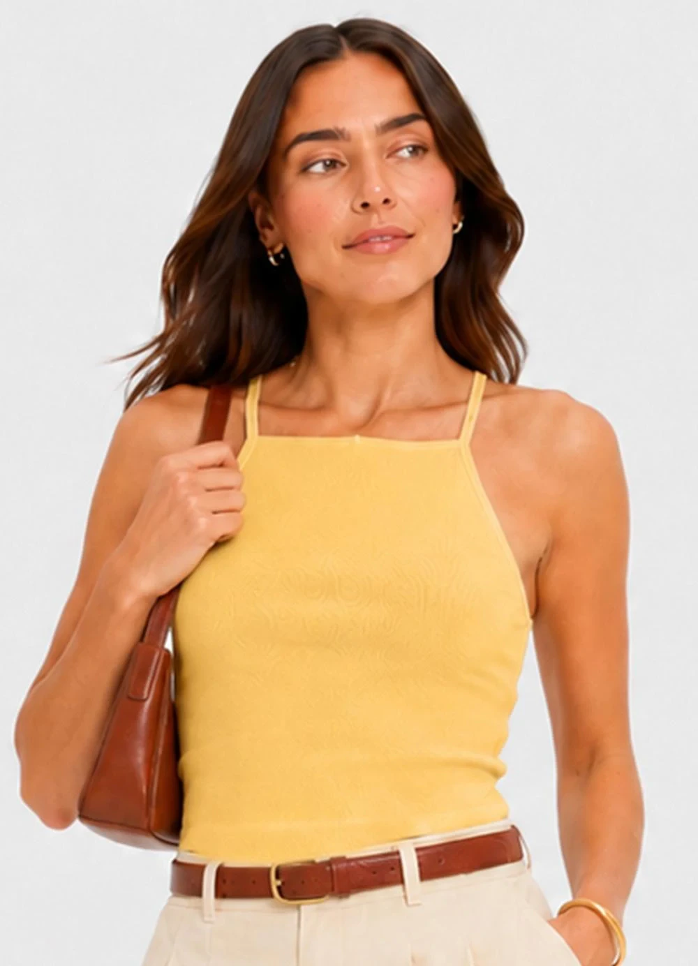 Infinita Cor - Blusa de Alça Feminina Tecido Henera Amarelo