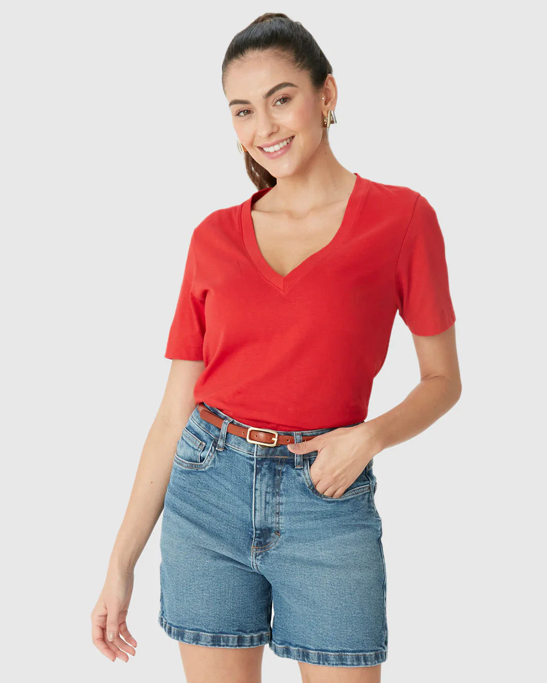 Blusa Básica Feminina Ampla Decote V Manga Curta Em Algodão