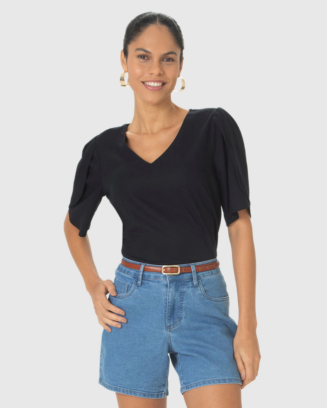 Blusa Box Feminina Decote V Fenda Lateral Em Viscolinho