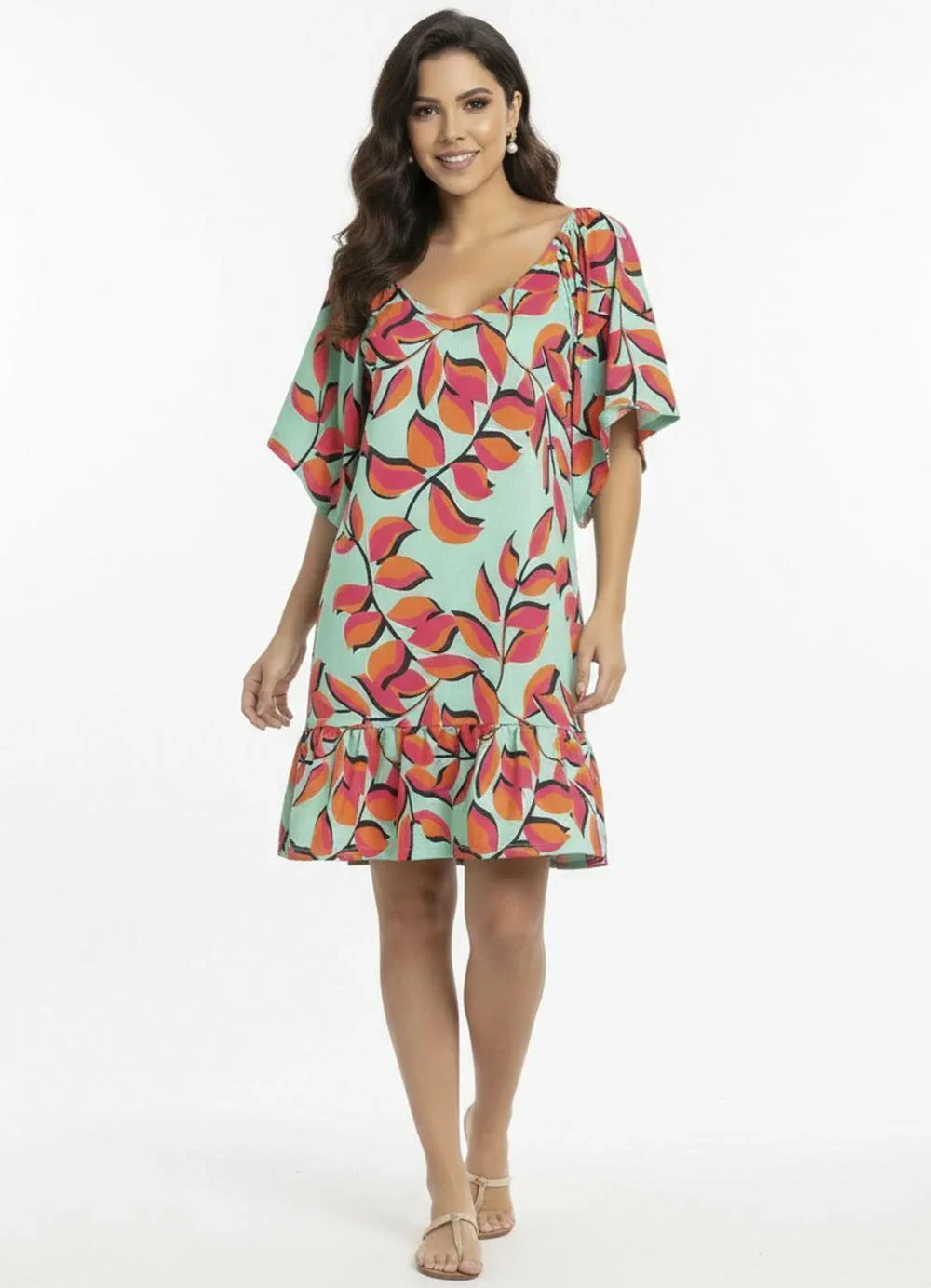 Quintess - Vestido Curto Floral Verde Mangas Amplas 3/4