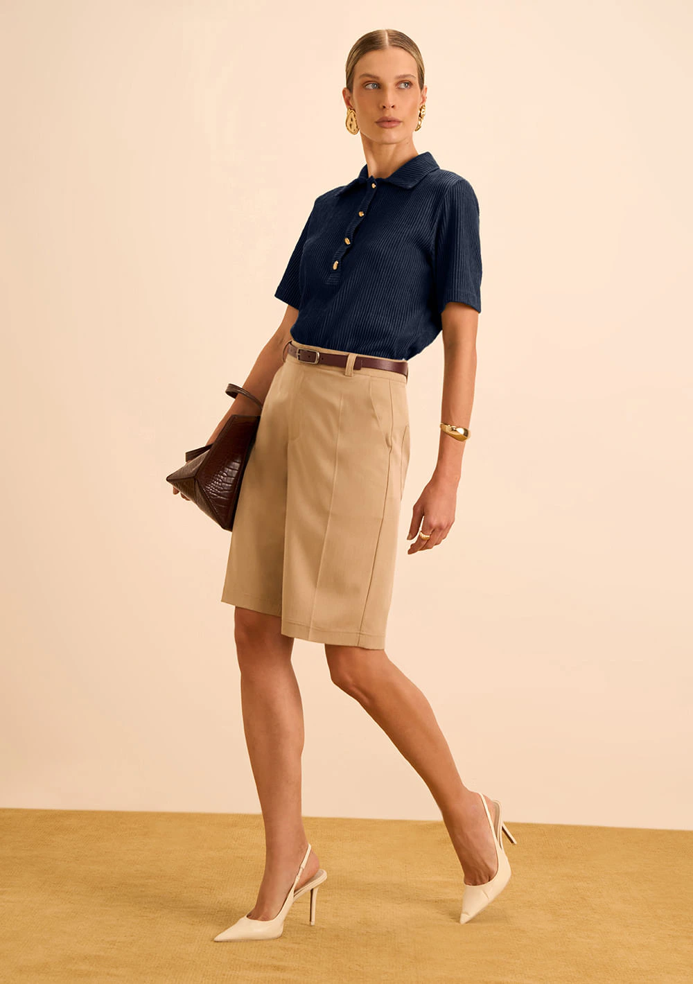 Camiseta Maria.Valentina Solta Polo Manga Curta Padrão Azul Escuro