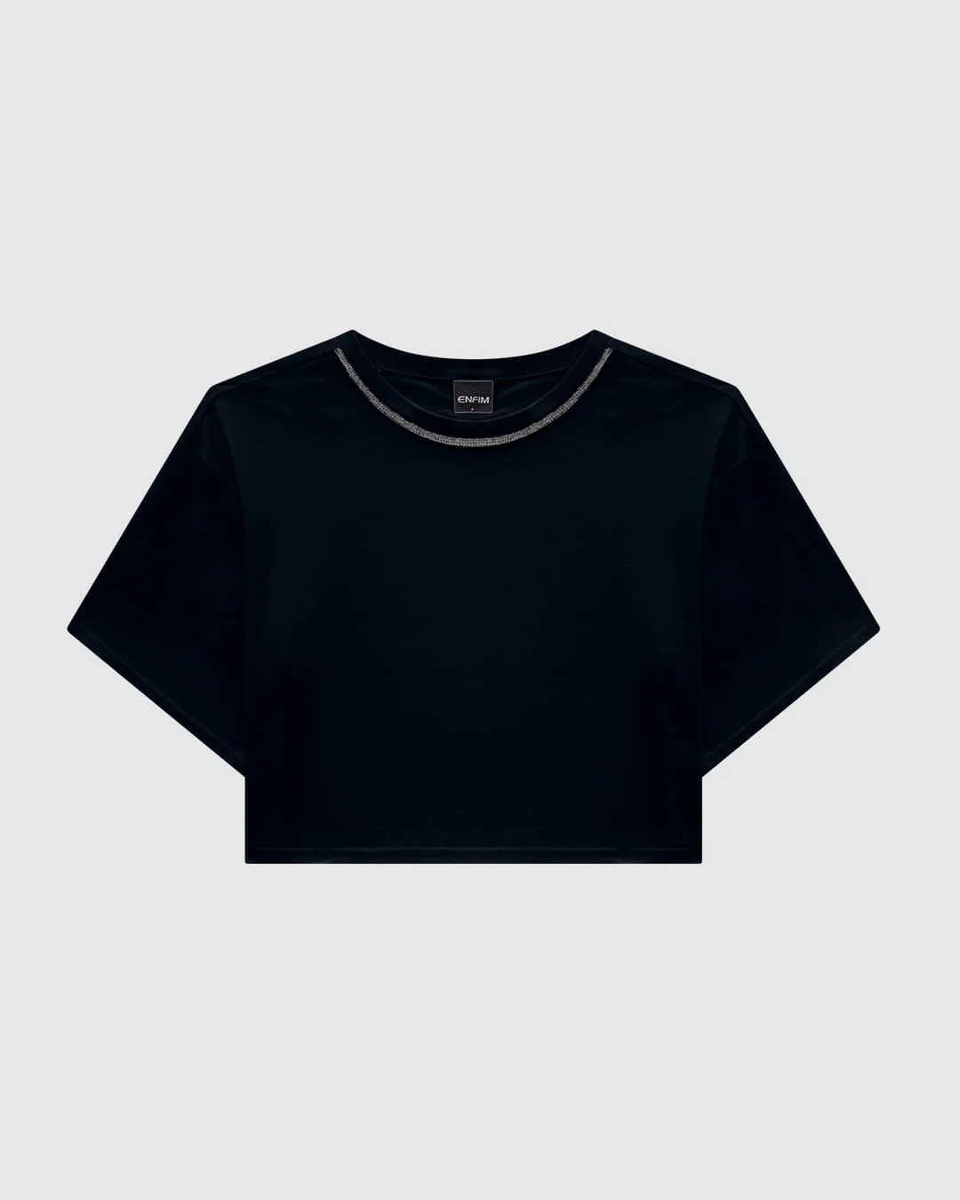 T-Shirt Cropped Feminina Gola Com Strass Em Algodão - ENFIM
