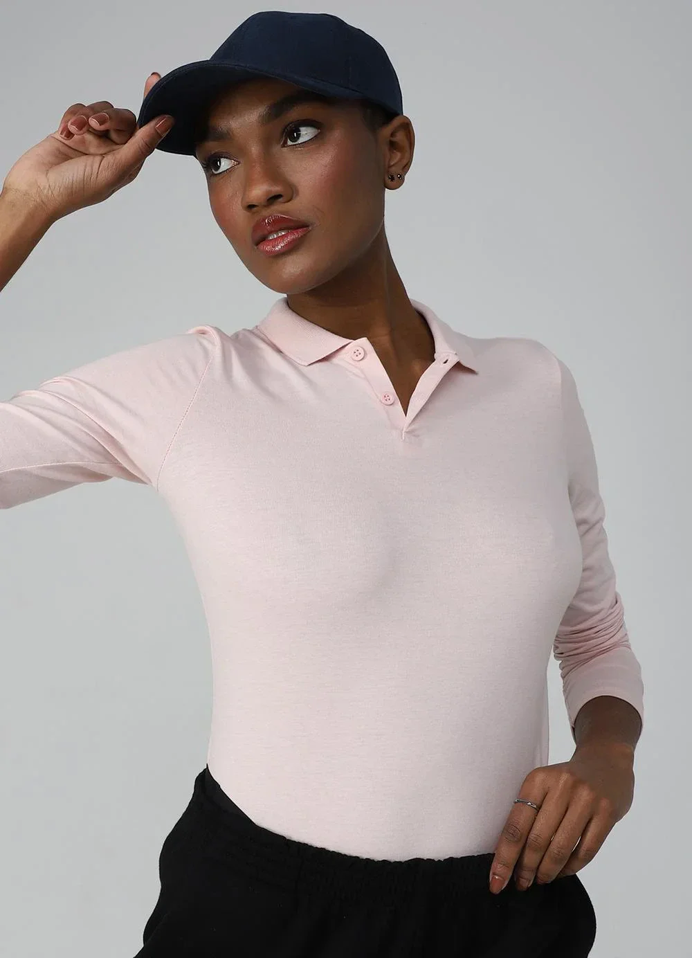 Basicamente - Camisa Polo Manga Longa Feminina Rosa Pastel