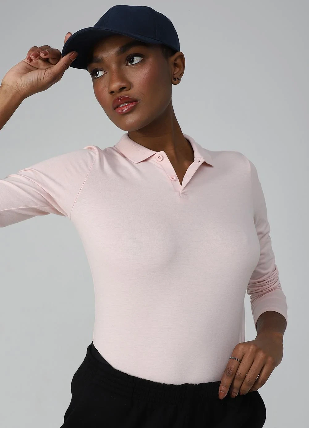 Basicamente - Camisa Polo Manga Longa Feminina Rosa Pastel