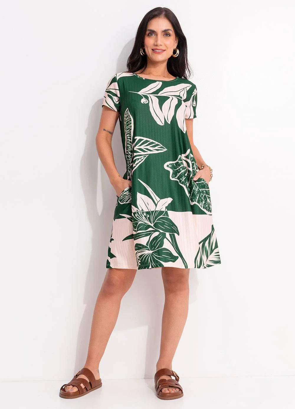 Quintess - Vestido Folhagem Verde em Malha Texturizada