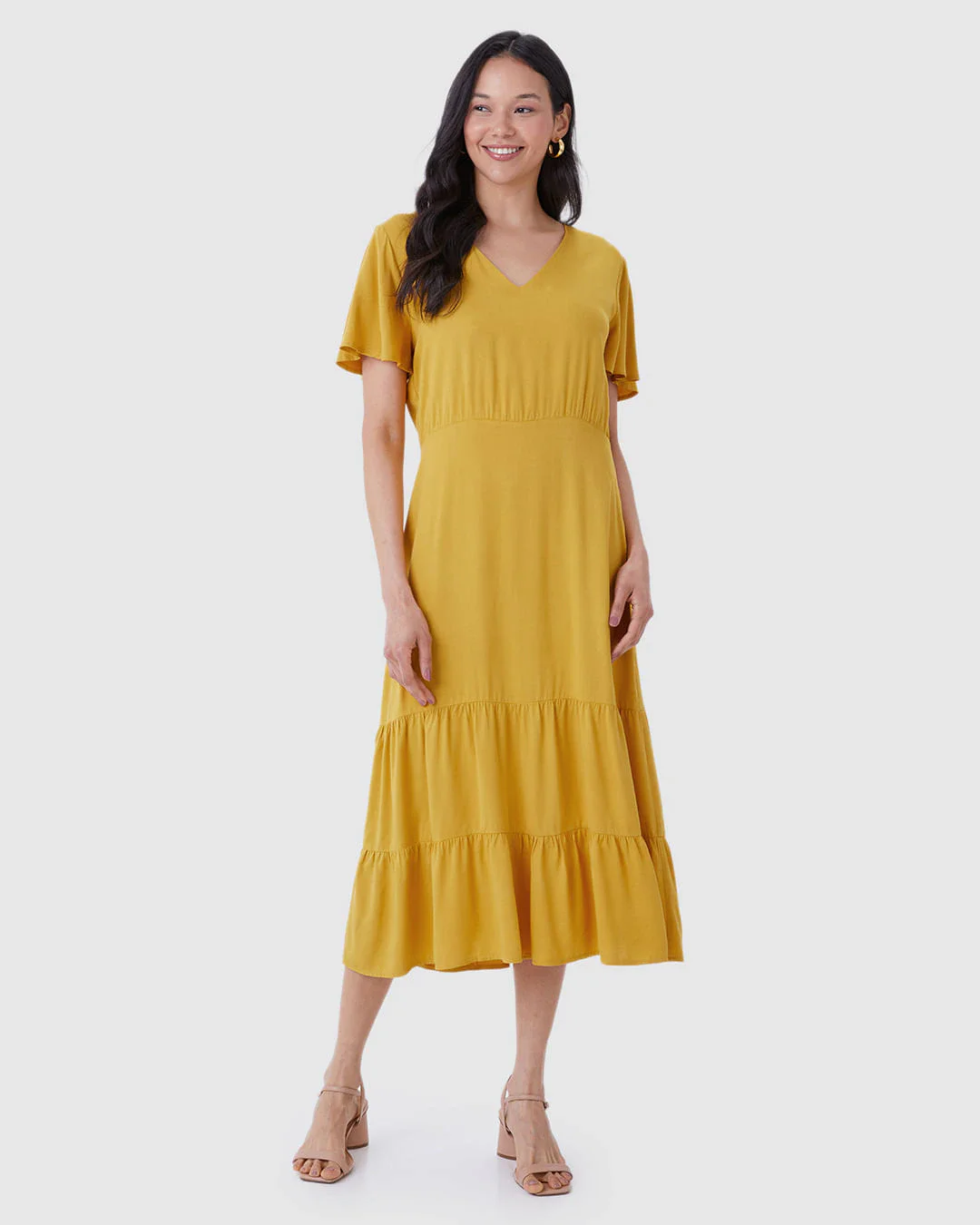 Vestido Midi Feminino Marias Acinturado Em Viscose Sarjada