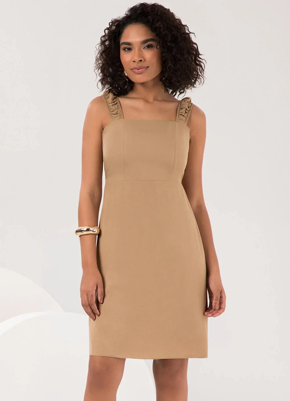 Lunender - Vestido Curto com Alças e Decote Reto Bege