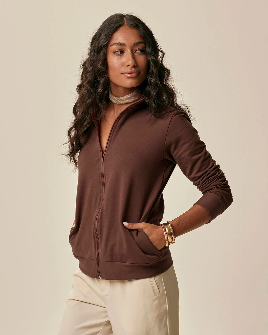 Jaqueta Básica Feminina Gola Alta Moletom Stretch Flanelado