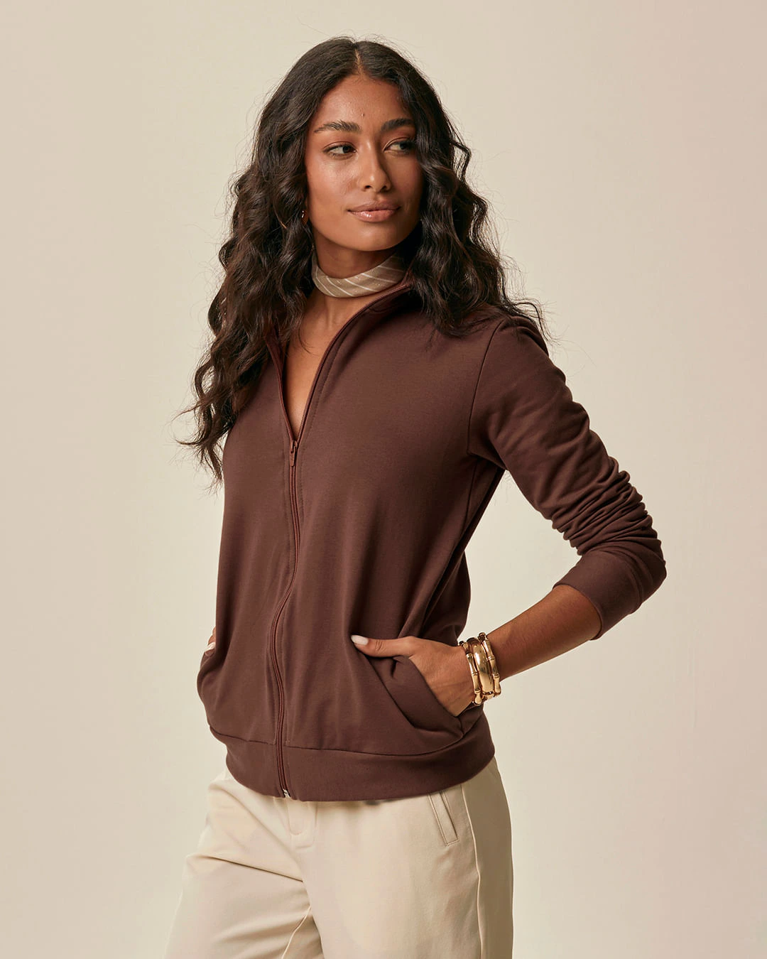 Jaqueta Básica Feminina Gola Alta Moletom Stretch Flanelado