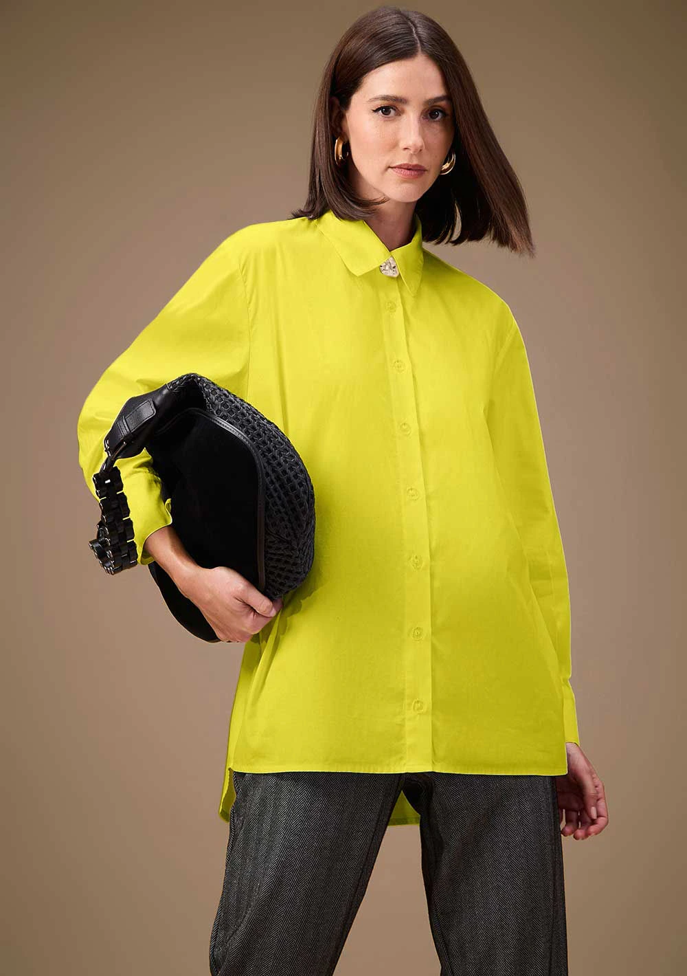 Camisa Maria.Valentina Oversized Polo Manga Longa Padrão Amarelo