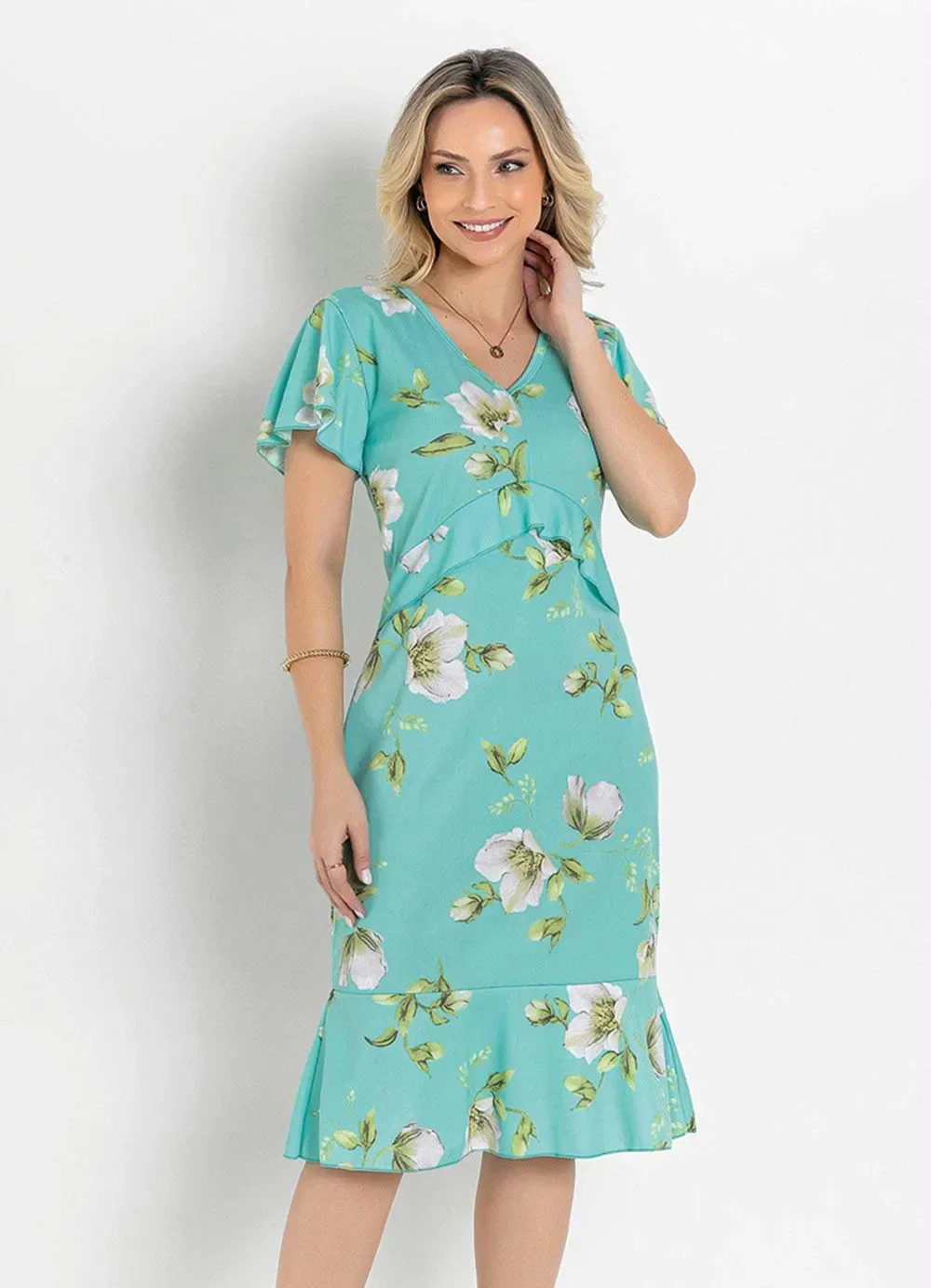 Rosalie - Vestido com Babado Floral Verde