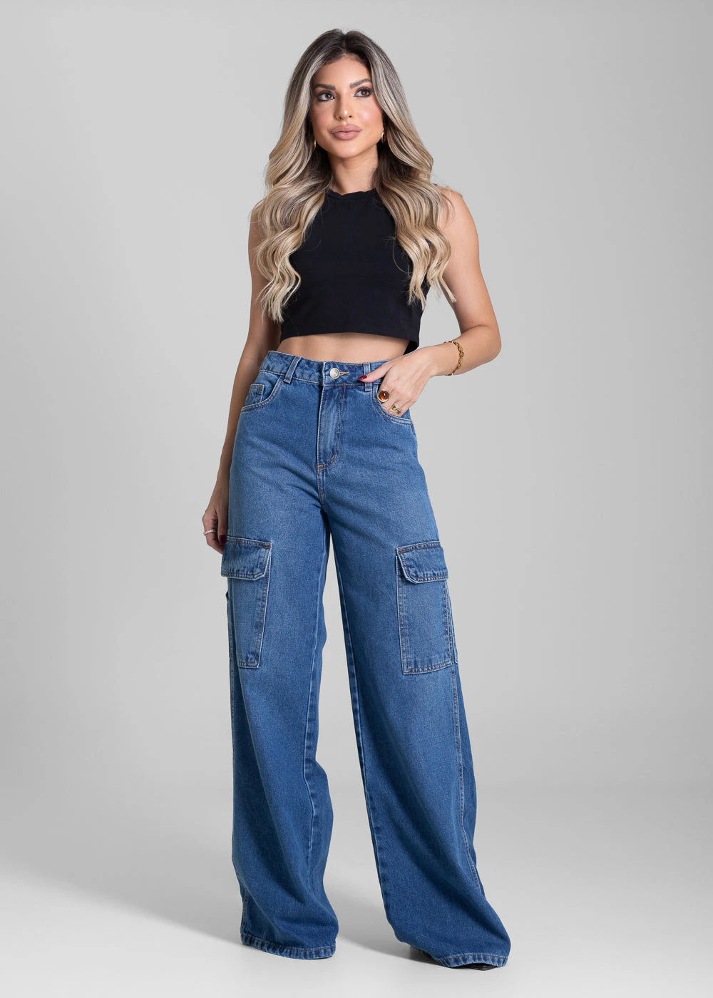 Calça Jeans Sawary Wide Leg Cargo - 282633 AZUL