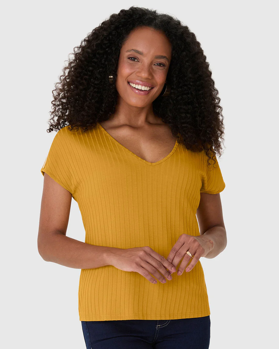 Blusa Feminina Ampla Decote V Detalhe Listrado Ombro Malha Viscose Canelada