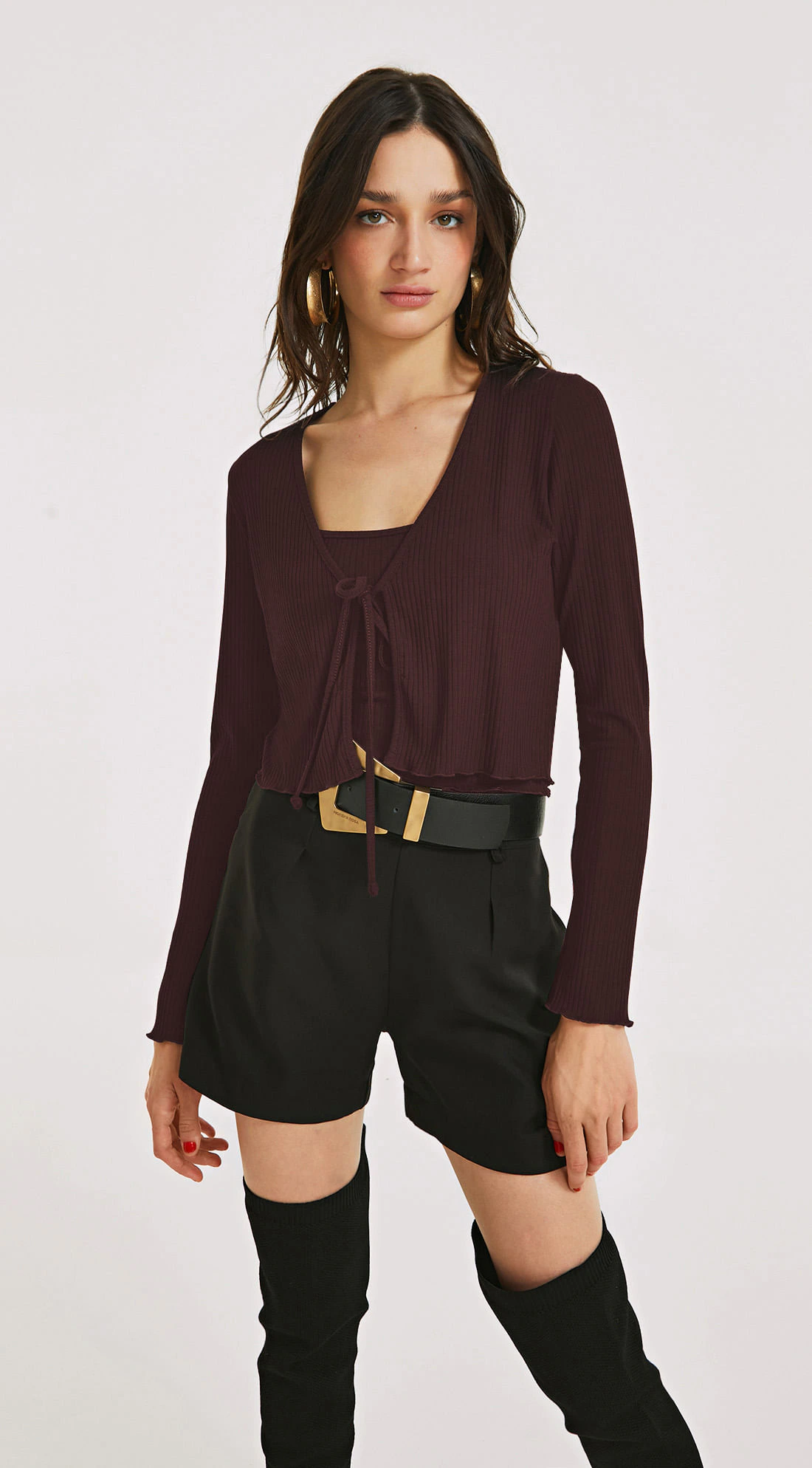 Blusa Morena Rosa Decote Amarração Manga Longa Com Regata Vermelho