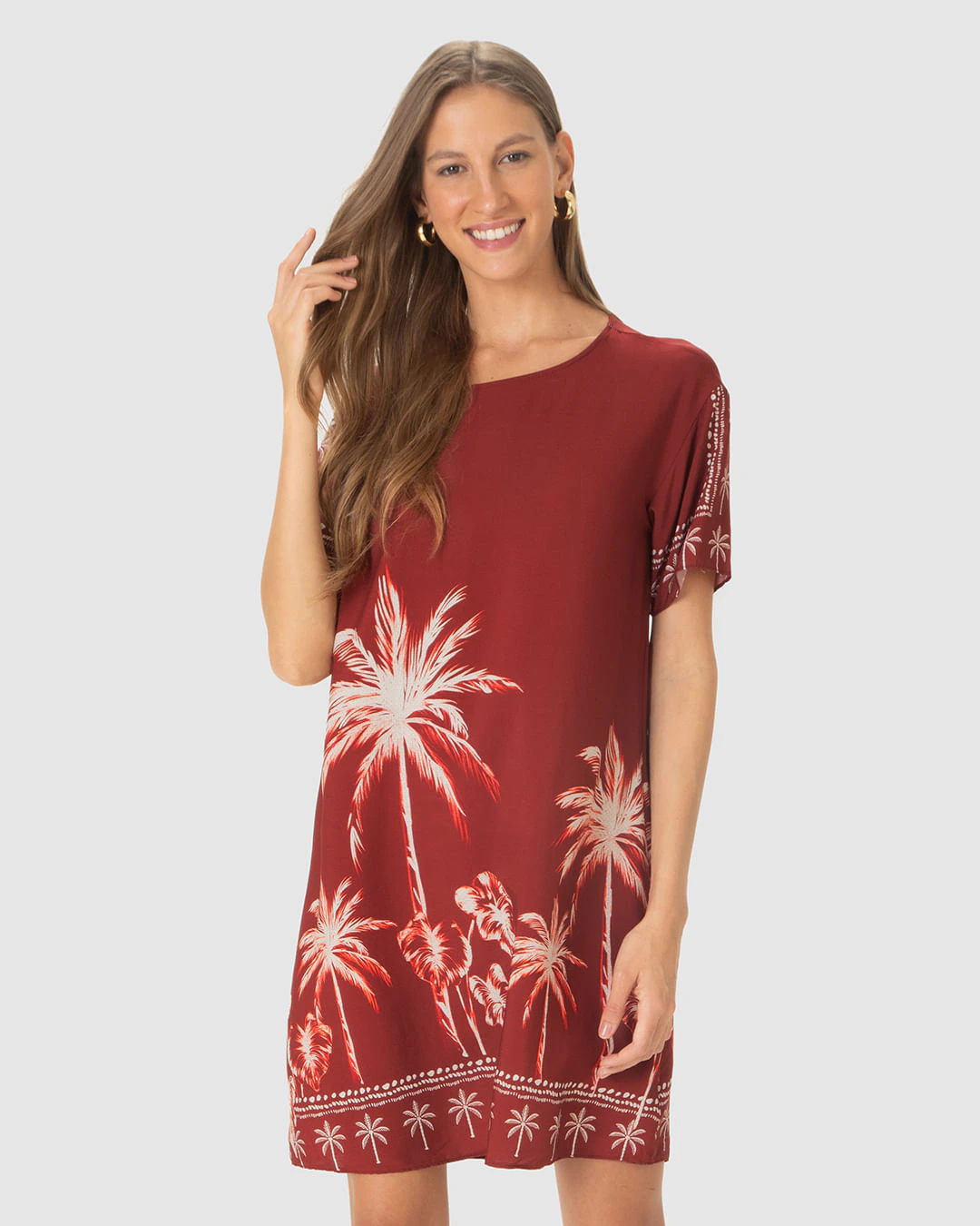 Vestido Feminino Reto Estampado Manga Curta Em Viscose