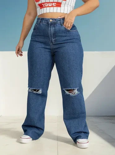 Calça Wide Leg Plus Size Rasgada No Joelho Cintura Alta