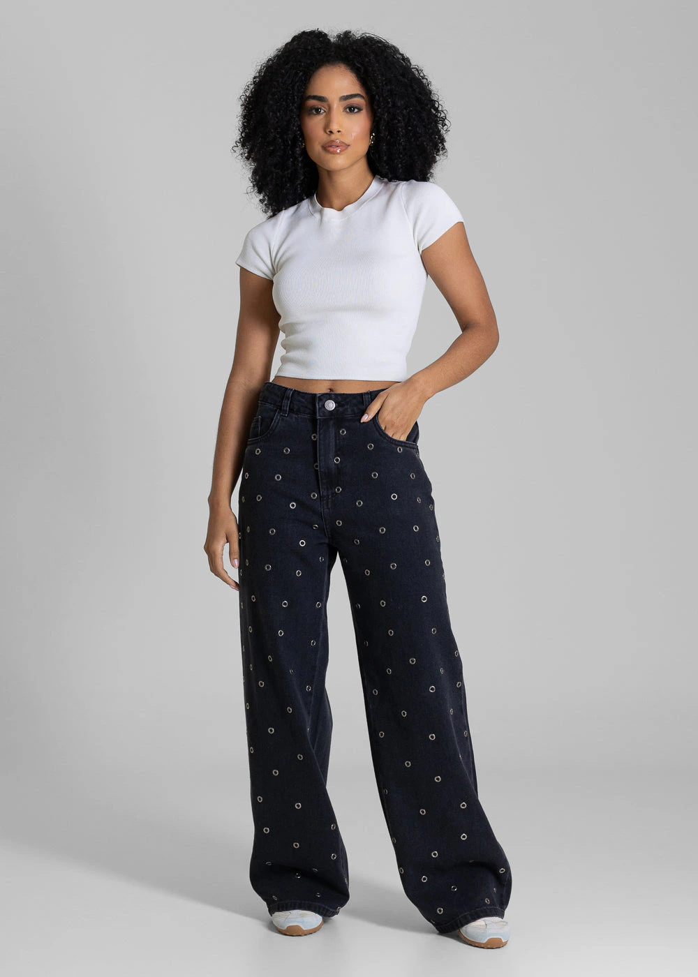 Calça Jeans Sawary Wide Leg Petit Ilhós - 283614 PRETO
